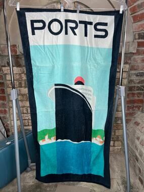 beach towel Ports cruise ship graphic blue green black 1980s